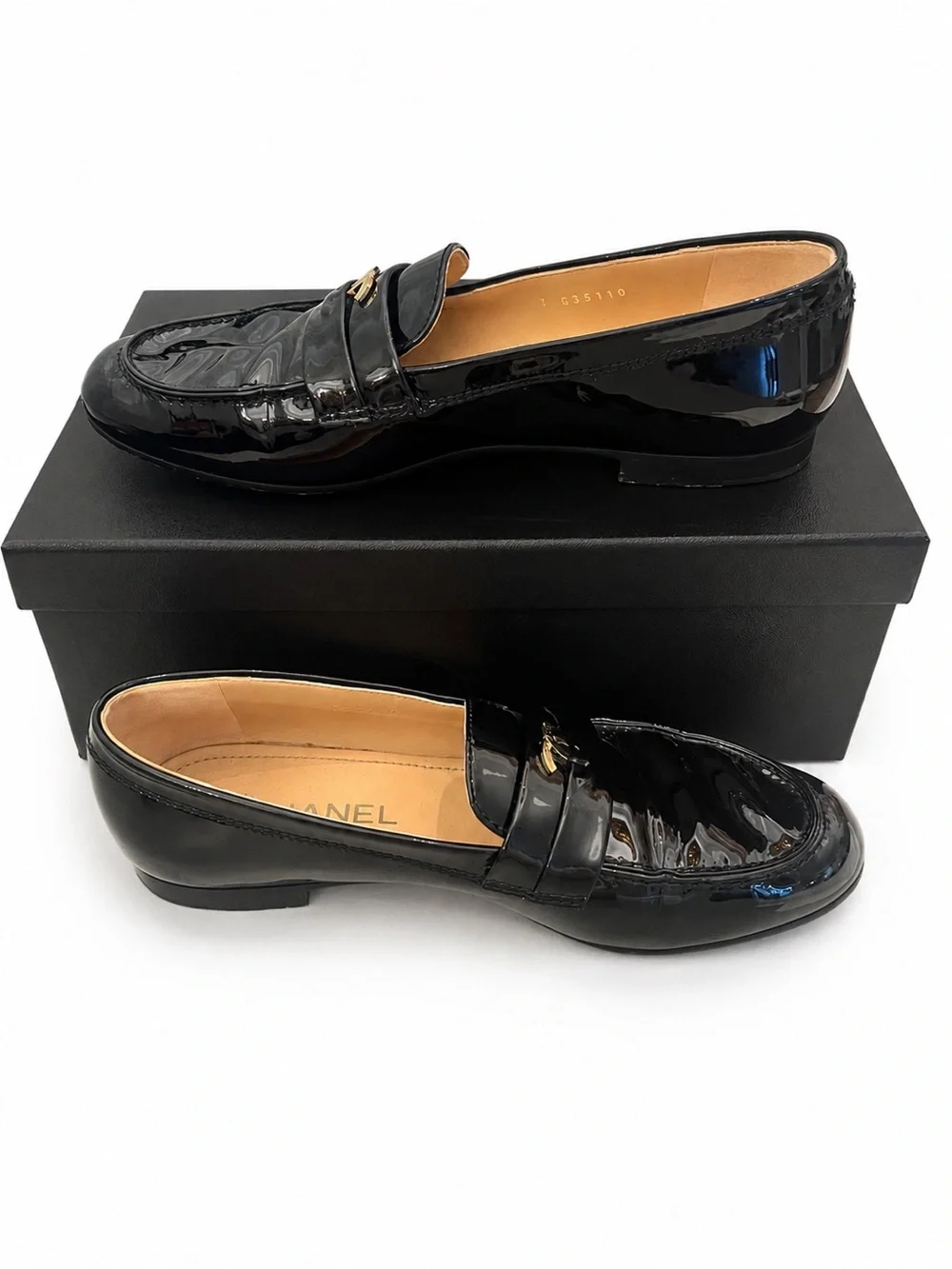Chanel Black Patent Leather CC Loafers | Size 39 | Dust Bag & Receipt